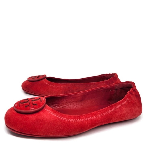 Tory Burch Shoes - Tory Burch Minnie Travel Ruby Red Suede Leather Double T  Logo Ballet Flats